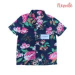 Kids Boys Linen Shirt  Navy Blue with Purple Floral Design