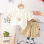 Boys Kit – Cotton Short With Pastel Cream T- Shirt, Bear Design