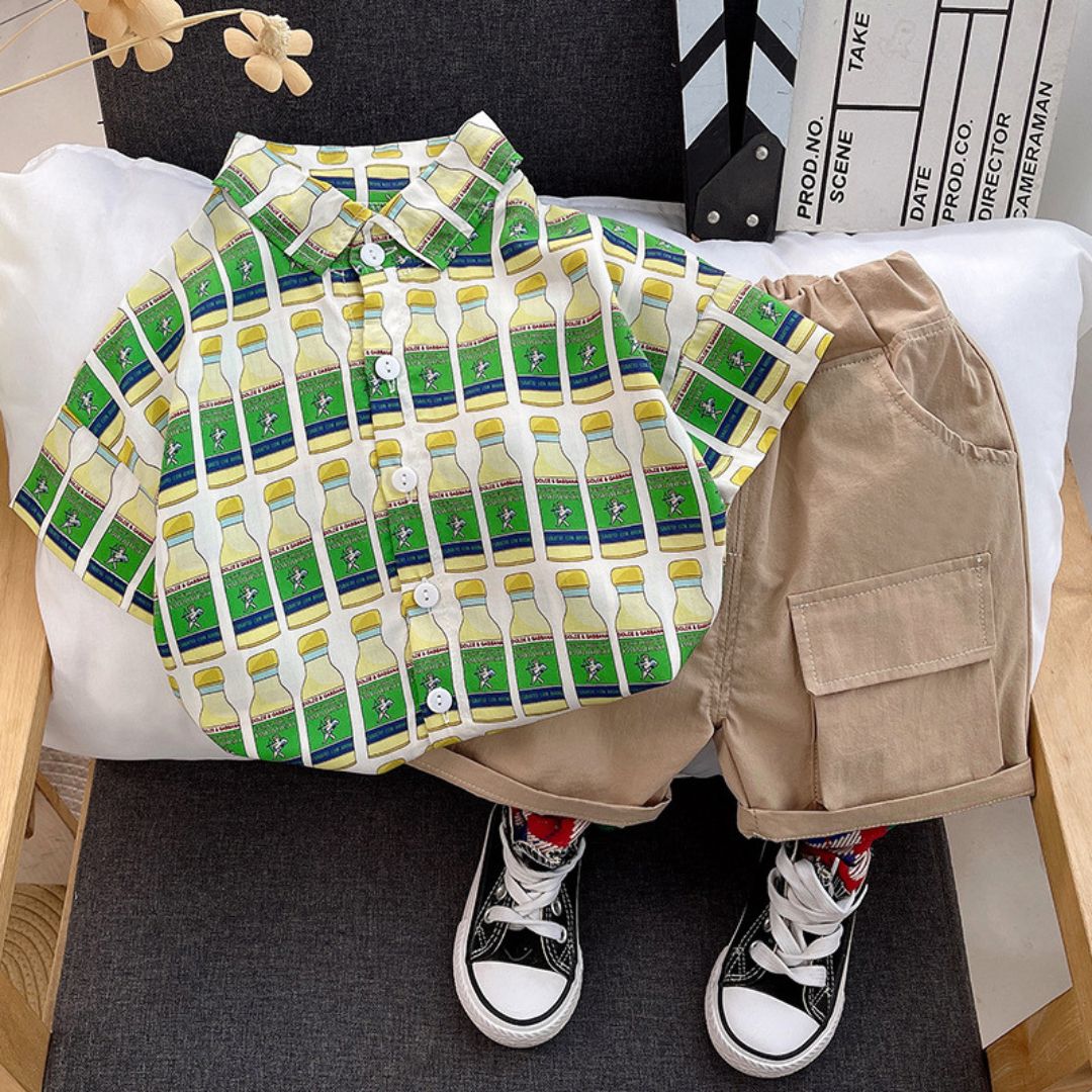10505 Boys Kit – Cotton Short With Light Yellow Mixed Green Shirt, Bottle Design - Image 1