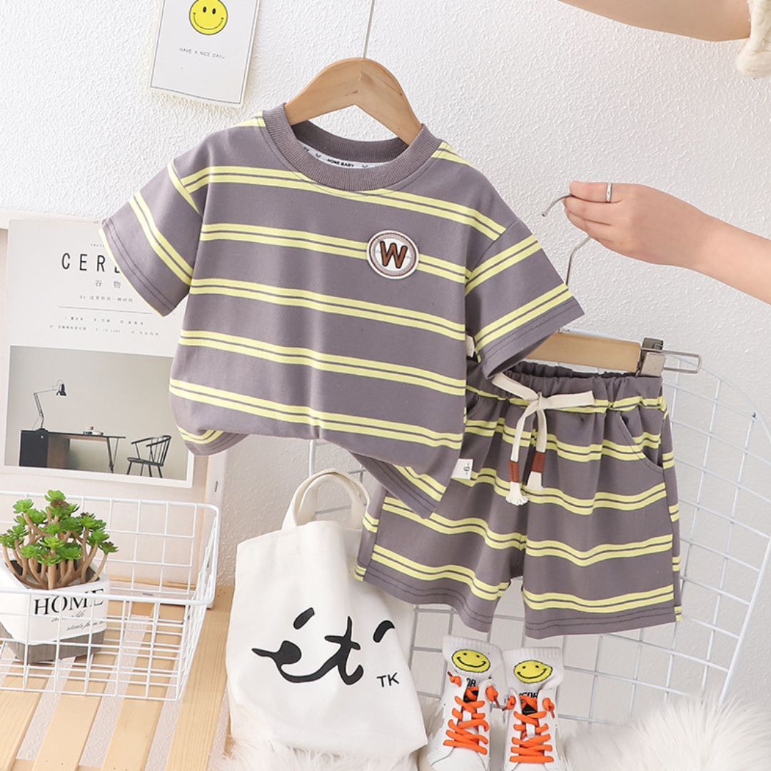 10509 Boys Kit – Cotton Short With Light Ash Shirt, Yellow Pattern Design - Image 1