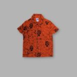 Kids Boys Linen Shirt – Orange with Black Pattern Design
