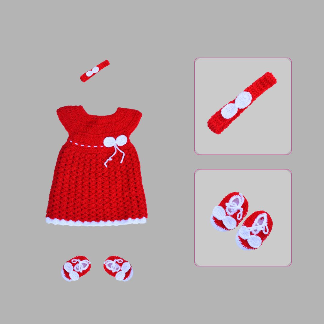 8403 Girls Crochet Frock – Red with White Bow Design - Image 1