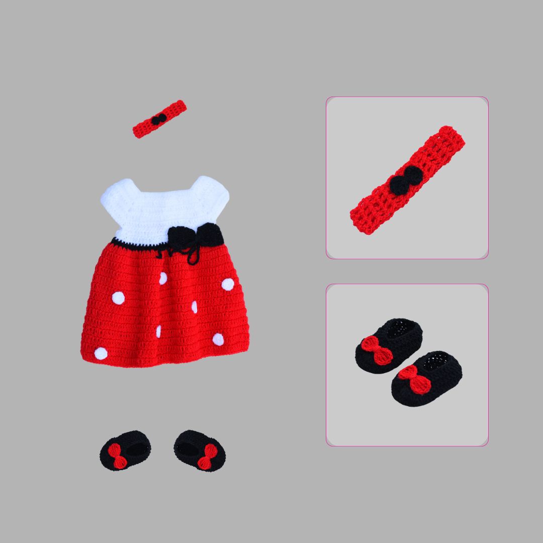 8404 Girls Crochet Frock – Red with Large White Dot Design - Image 1