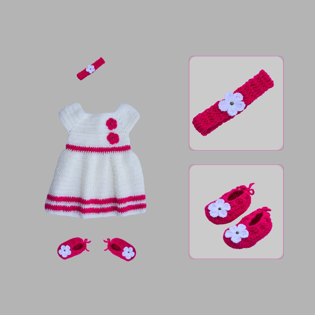8407 Girls Crochet Frock – White with Pink Floral Design - Image 1