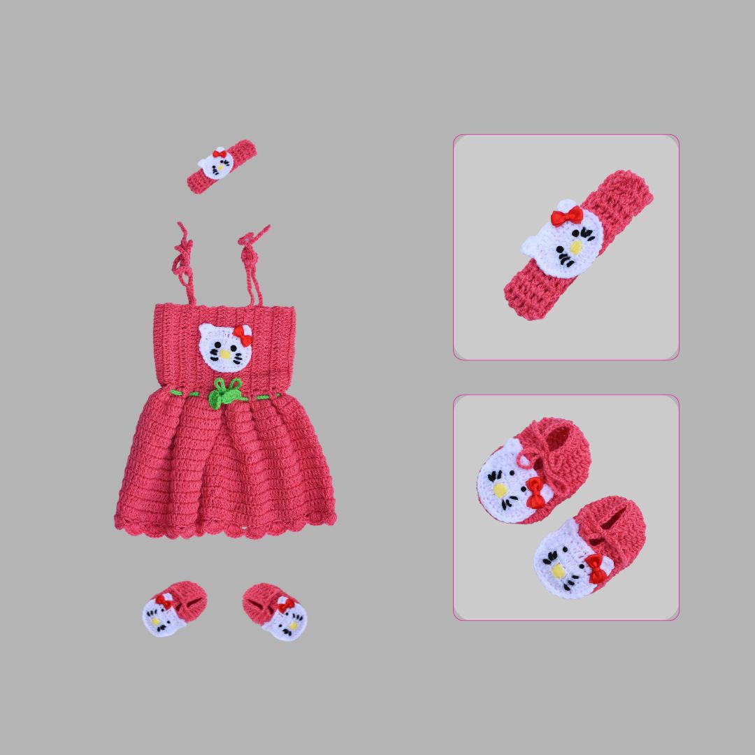 8408 Girls Crochet Frock – Wild Orchid Pink with Hello Kitty Design - Image 1