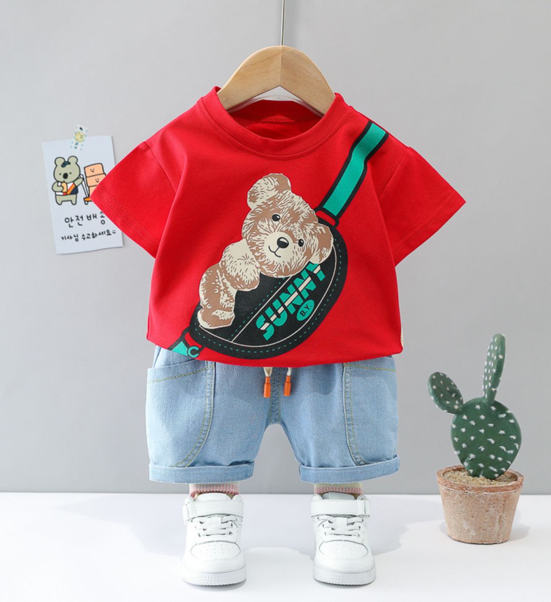 9507 Boys Kit – Denim Short With Red T- Shirt, Character Design -1Y - Image 1