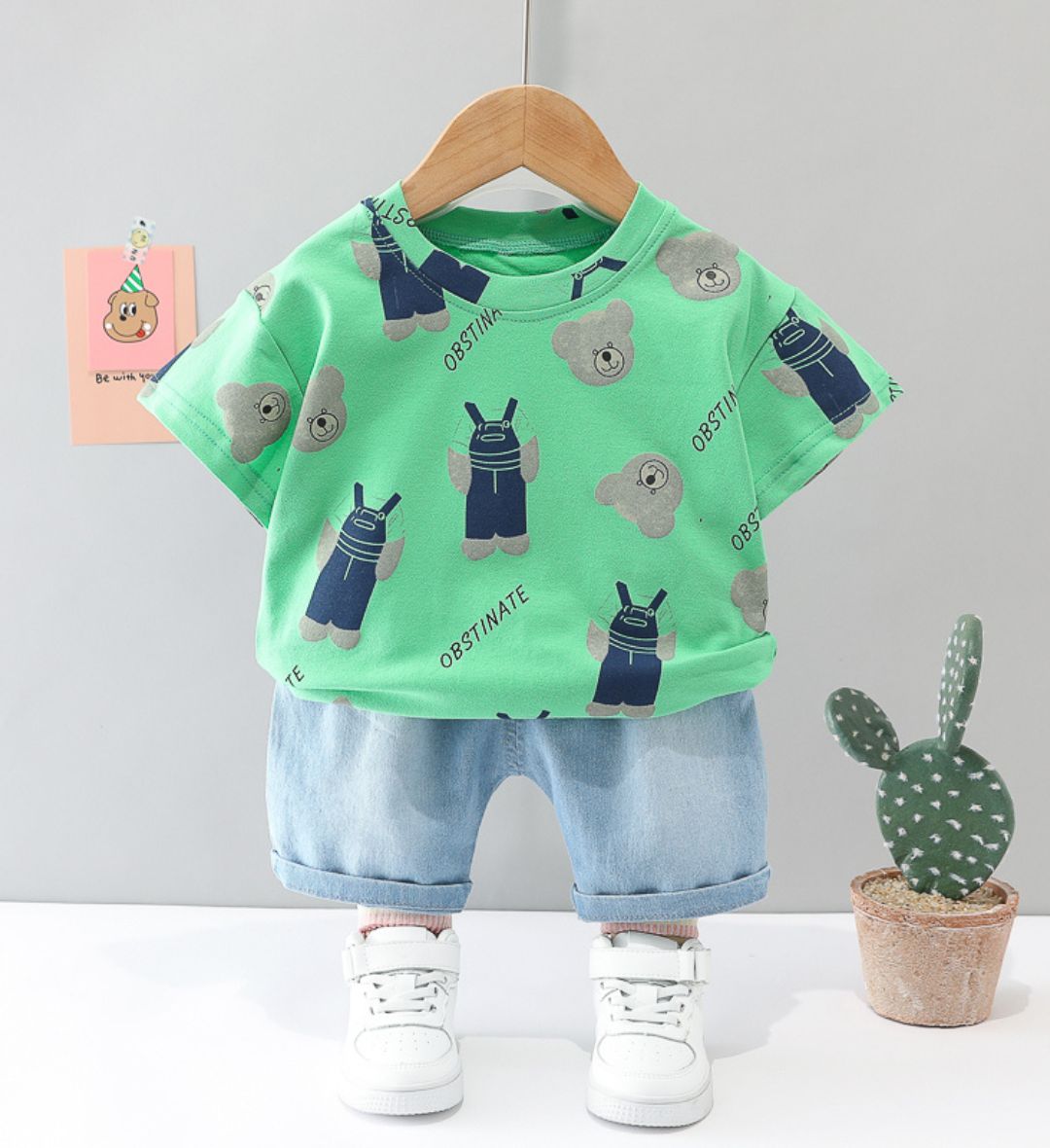 9513 Boys Kit – Denim Short With Green T- Shirt, Character Design - Image 1