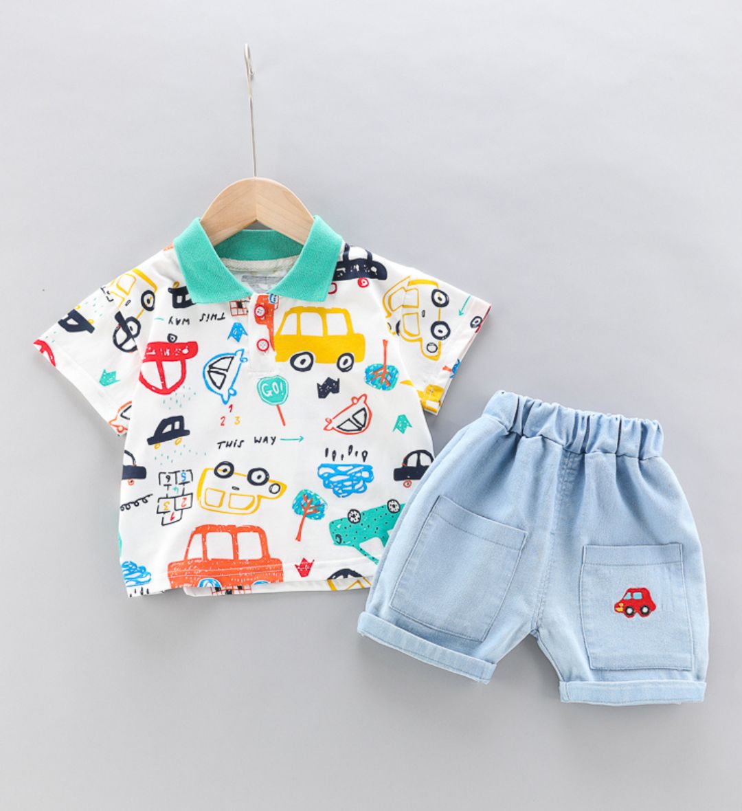 9515 Boys Kit – Denim Short With Off-White T- Shirt, Vehicles Design - Image 1