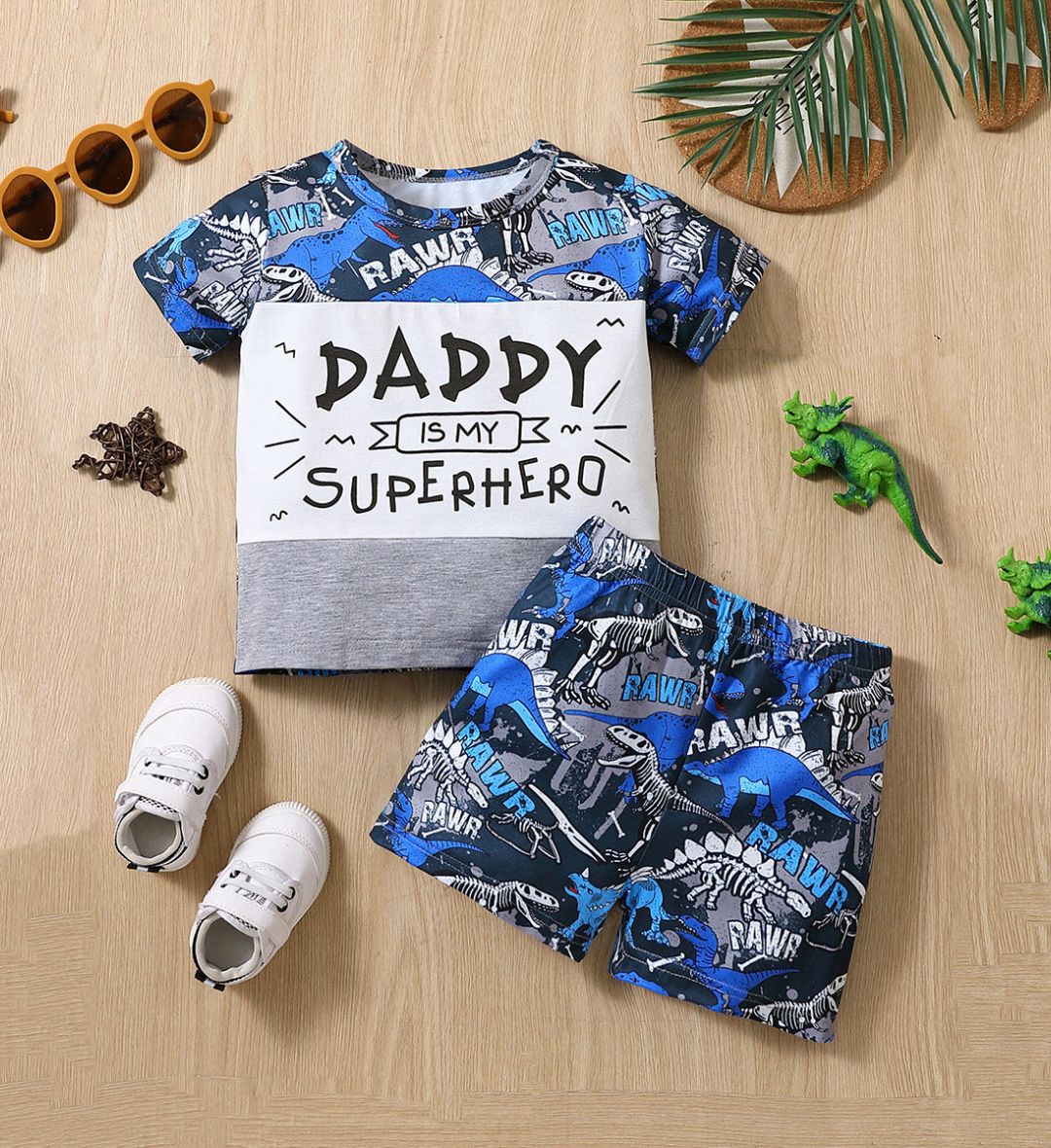 9519 Boys Kit – Cotton Short With Blue T- Shirt, Dinosaur Design - Image 1