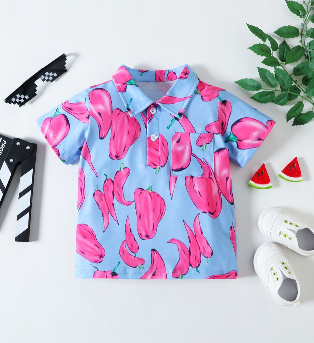 9520 Boys Cotton T-Shirt – Light Blue With Chili Design - Image 1