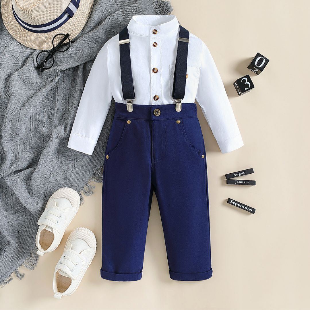 10510 Boys Kit – Deep Navy Blue Trouser With White Long-Sleeve Shirt, Plain Design - Image 1