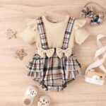 Girls Romper – Cream Yellow With Brown Pattern Design