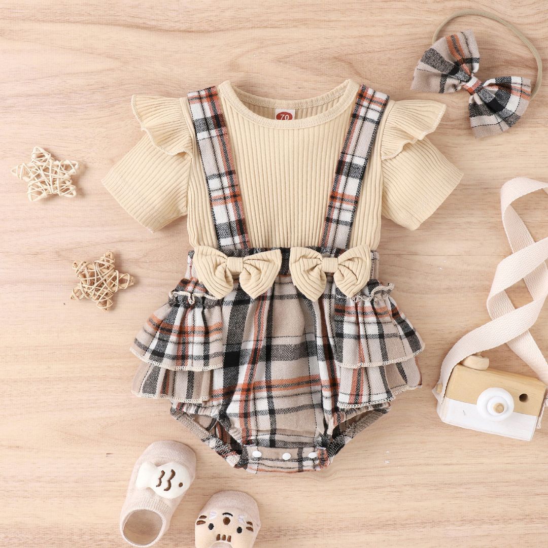 10604 Girls Romper – Cream Yellow With Brown Pattern Design - Image 1