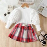 Girls Kit –  Red Pattern Skirt With White Blouse Plain Design