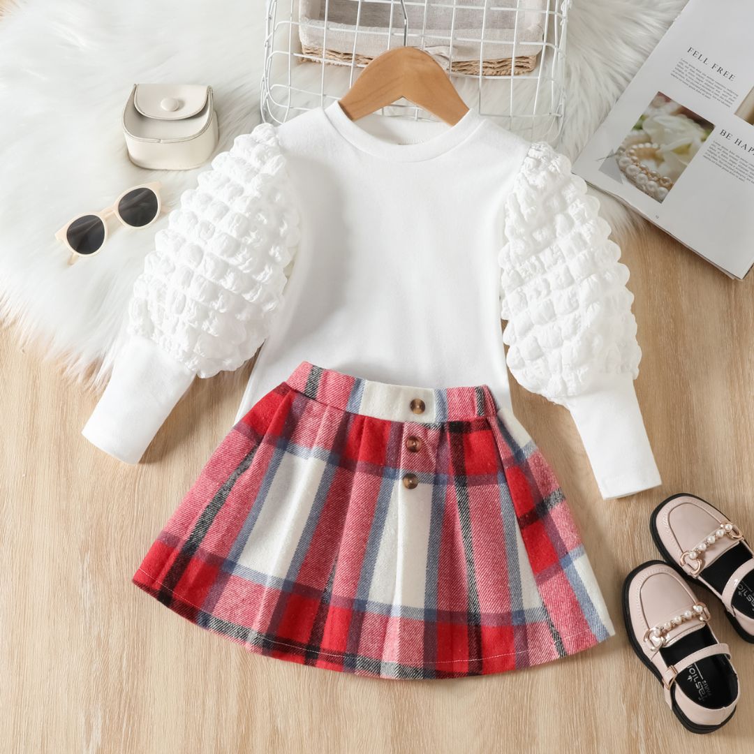 10605 Girls Kit – Red Pattern Skirt With White Blouse Plain Design - Image 1