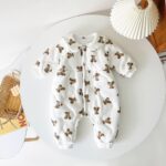 Girls Romper – White With Brown Bear Design