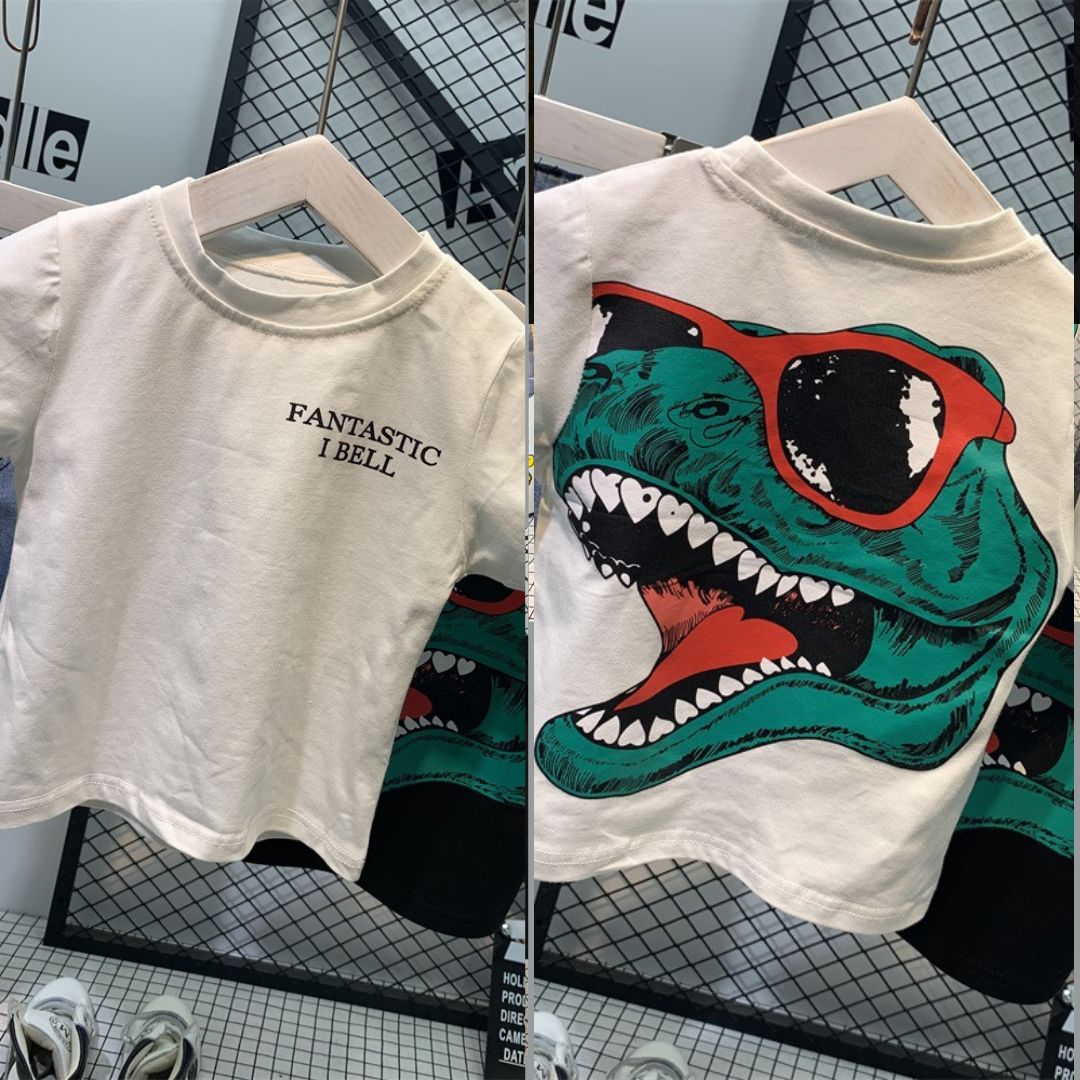 11505 Short-Sleeved T-shirt - Crisp white base with "FANTASTIC I BELL" printed on the front chest and a teal and red dinosaur graphic - Image 1