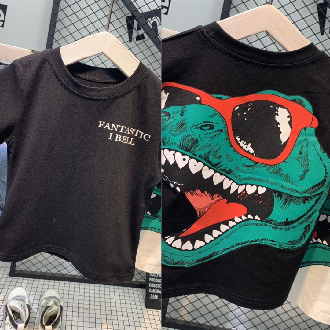11506 Short-Sleeved T-shirt - Classic black base with "FANTASTIC I BELL" printed on the front chest and a teal and red dinosaur graphic - Image 1