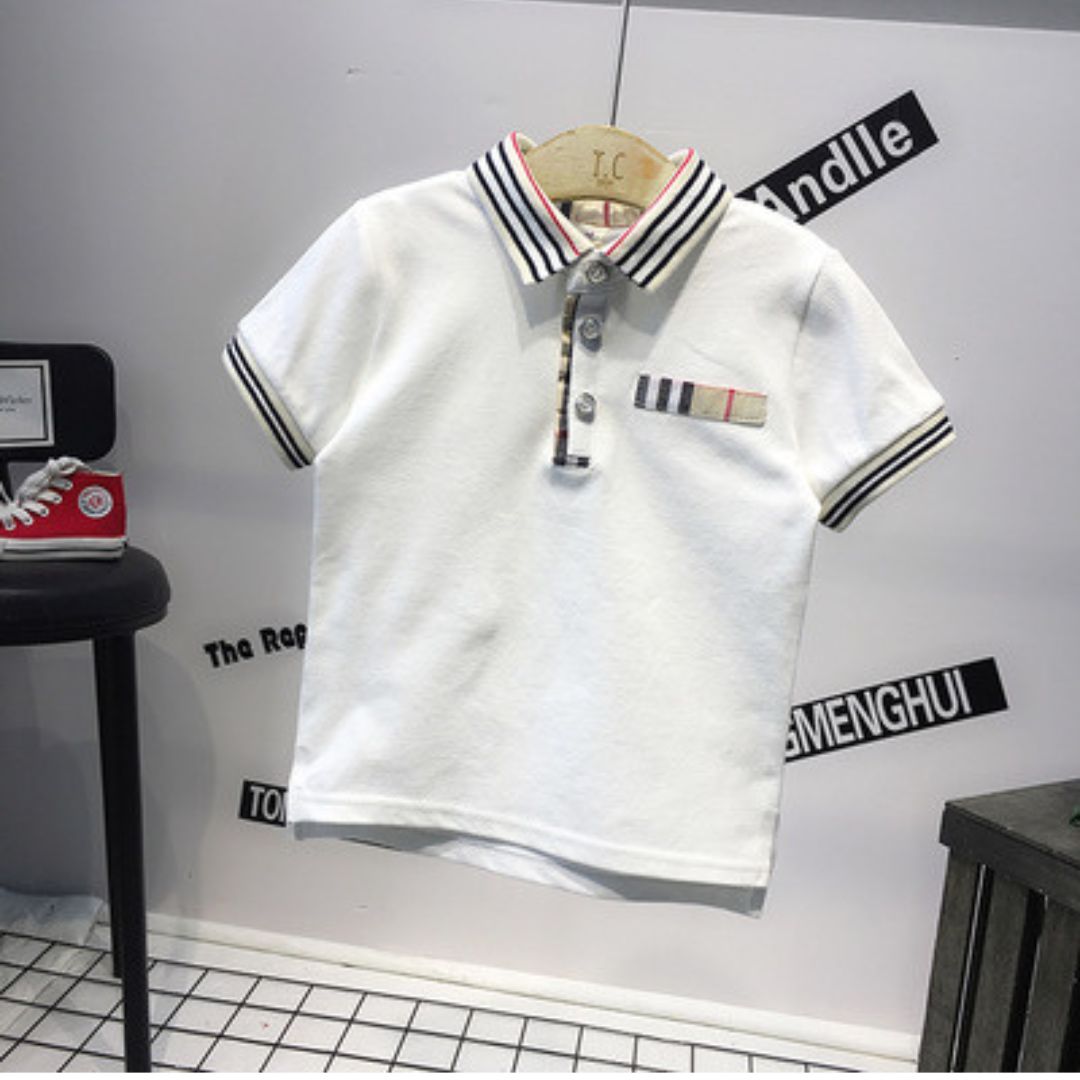 11507 Short-Sleeved polo shirts with a three-button placket - Bright white with tan/black check accents - Image 1