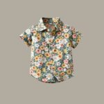 Patterned Shirts - Forest green short-sleeve button-down shirt with a dense yellow, white, and peach floral print
