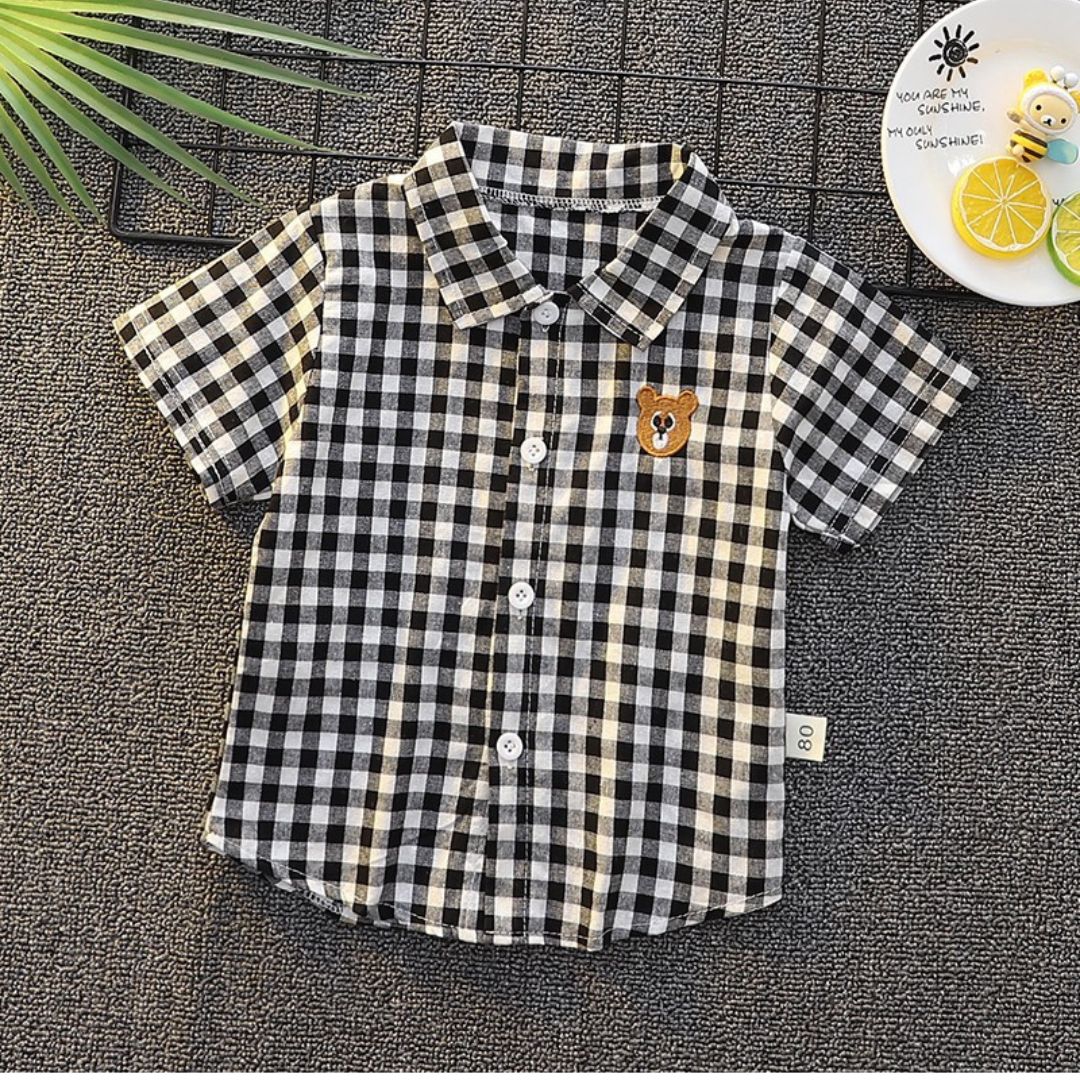 11511 Patterned Shirts - Black and white gingham short-sleeve button-down shirt featuring a brown bear chest embroidery - Image 1