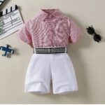 Short Sleeved Button-Down Shirt And Tailored Short - Muted Pink And White Stripe Shirt With Crisp White Short