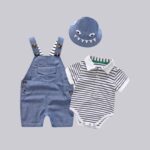 Monster Theme Romper Set - A clean navy blue and white stripe paired with mid-wash blue denim and a matching bucket hat with "monster teeth" and eyes
