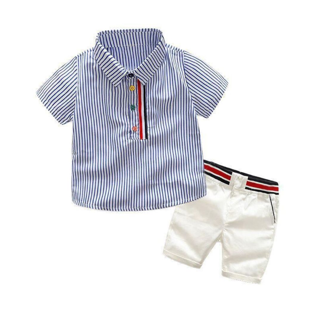 11518 Polo-Style shirt with short - Royal blue and white stripes Shirt with white short striped waistband in red, black, and white - Image 1