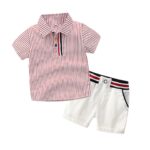 Polo-Style shirt with short -Red and white stripes Shirt with white short striped waistband in red, black, and white