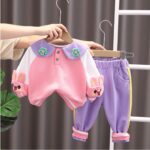 Raglan Sleeve Top With Jogger-Style Trouser - Bubblegum Pink & Crisp White Top With Levender Purple Pant With Sunny Yellow Highlights