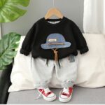 Casual Pullover Set - long-sleeved black sweatshirt with a unique denim hat with light grey heathered jogger