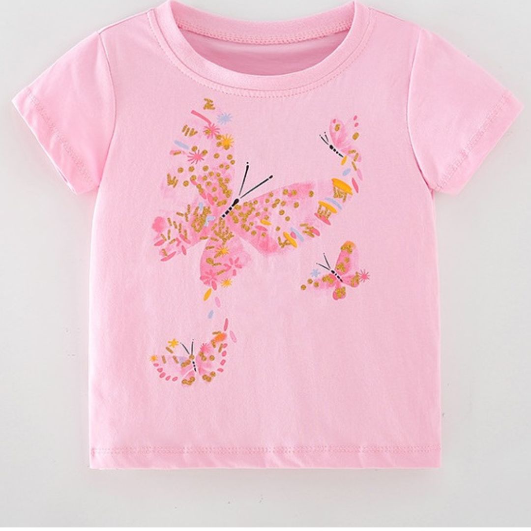 11604 Butterfly Graphic Tee - Baby Pink short-sleeved crewneck t-shirt With Gold and Magenta Butterflies - Image 1