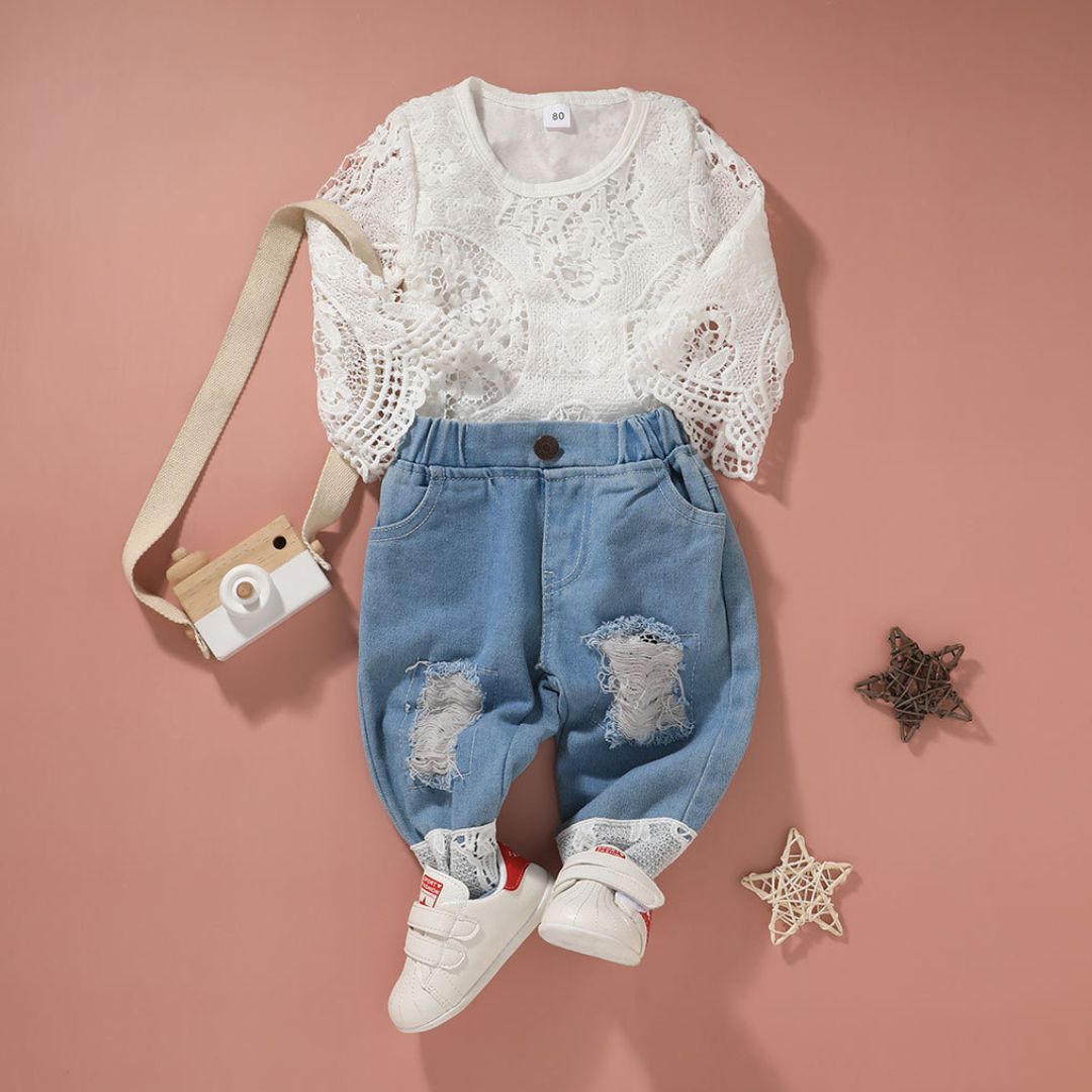 11605 Bohemian Lace & Denim Set - Crip white long-sleeved top light-wash distressed denim jean - Image 1