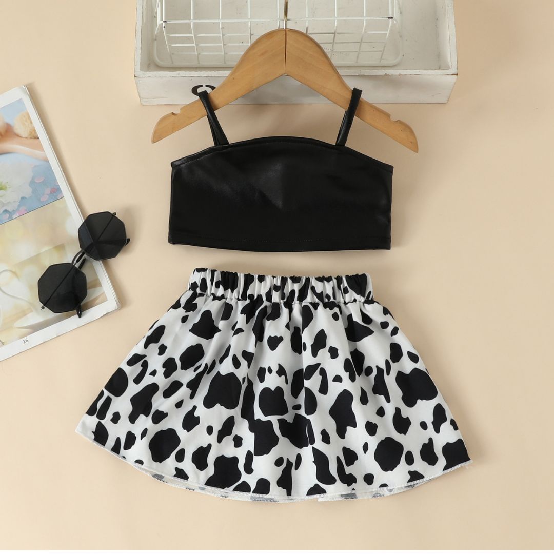11611 Trendy Animal Print Set - top is a black faux-leather, paired with a flared "cow print" skirt - Image 1