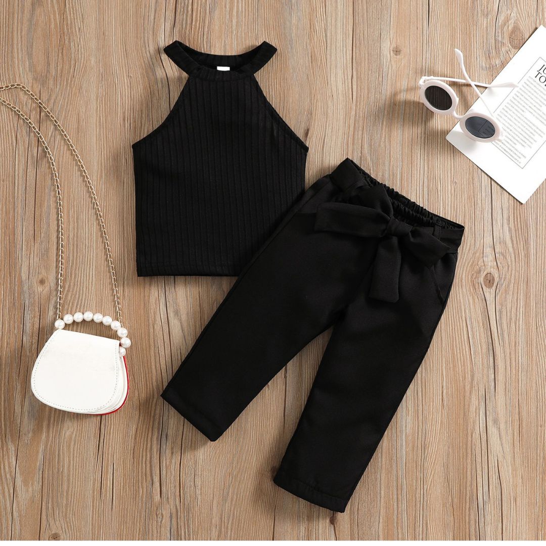 11623 Sleek Halter Set - a ribbed black halter-neck top and matching black high-waisted trousers - Image 1
