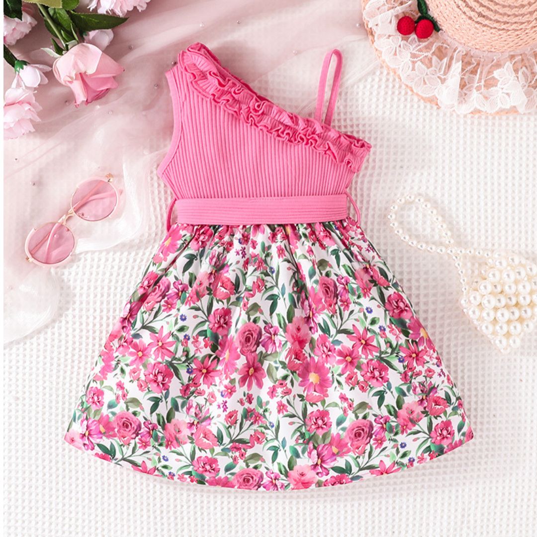 11624 Pink Petal One-Shoulder Dress - A charming toddler dress featuring a pink ribbed, one-shoulder ruffle top and a vibrant floral skirt - Image 1