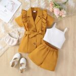 The Mustard Muse Ruffle Set - Mustard-yellow three-piece set with a belted ruffled blazer top, white camisole, and matching shorts