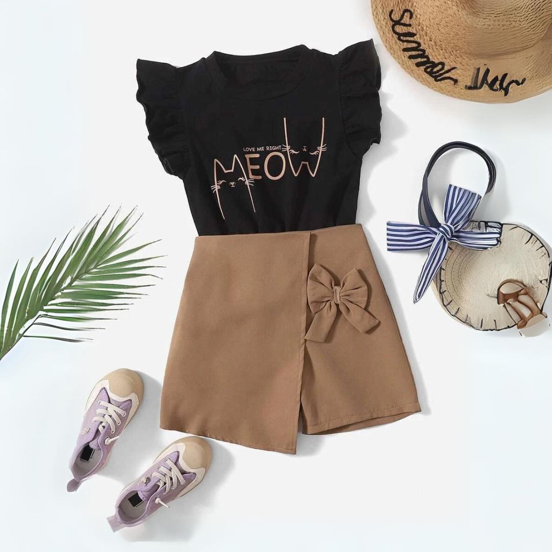 11630 The Meow & Mocha Skort Set - Black ruffle-sleeve "MEOW" graphic tee and a mocha-brown wrap skort with a bow accent - Image 1