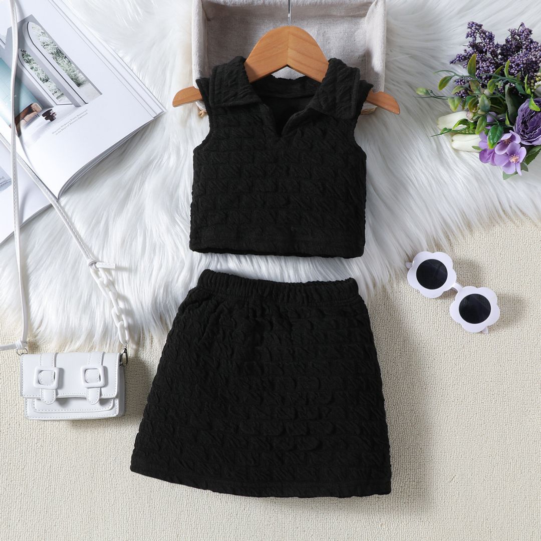 11631 Black Velvet-Touch Crop Set - A chic, all-black textured two-piece set featuring a sleeveless collared top and matching skirt - Image 1