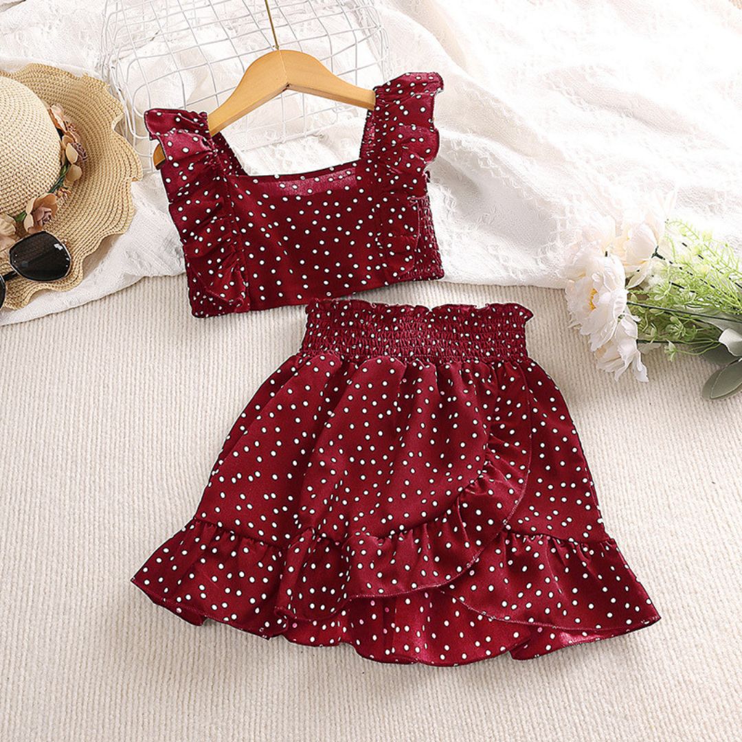 11632 The Ruby Retro Dot Set - A cute maroon and white polka dot set featuring a ruffled top and matching tiered ruffle skirt - Image 1
