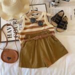The Caramel Stripe Safari Set - A casual tan-and-white striped tank top paired with belted khaki paperbag shorts