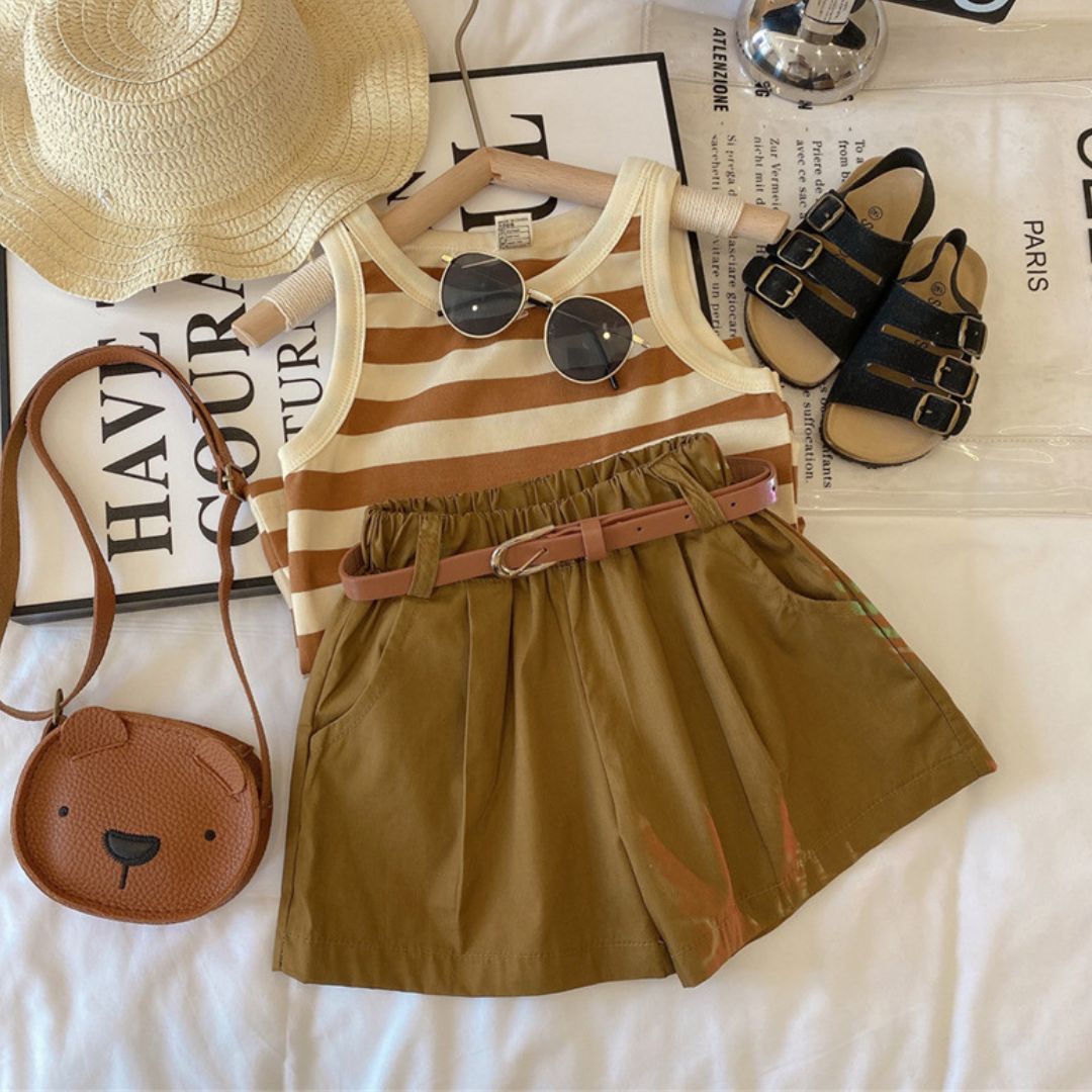 11634 The Caramel Stripe Safari Set - A casual tan-and-white striped tank top paired with belted khaki paperbag shorts - Image 1