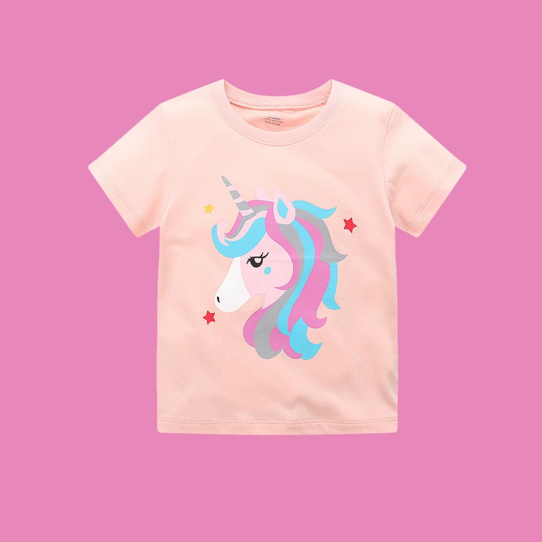 11635 The Pastel Unicorn Magic Tee - A comfy peach-pink cotton t-shirt featuring a colorful graphic unicorn print with star accents - Image 1