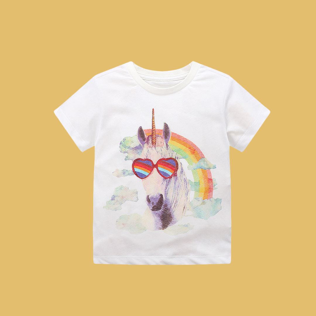 11636 Retro Shades Unicorn Top - A classic white cotton t-shirt featuring a fun graphic print of a unicorn wearing rainbow sunglasses - Image 1