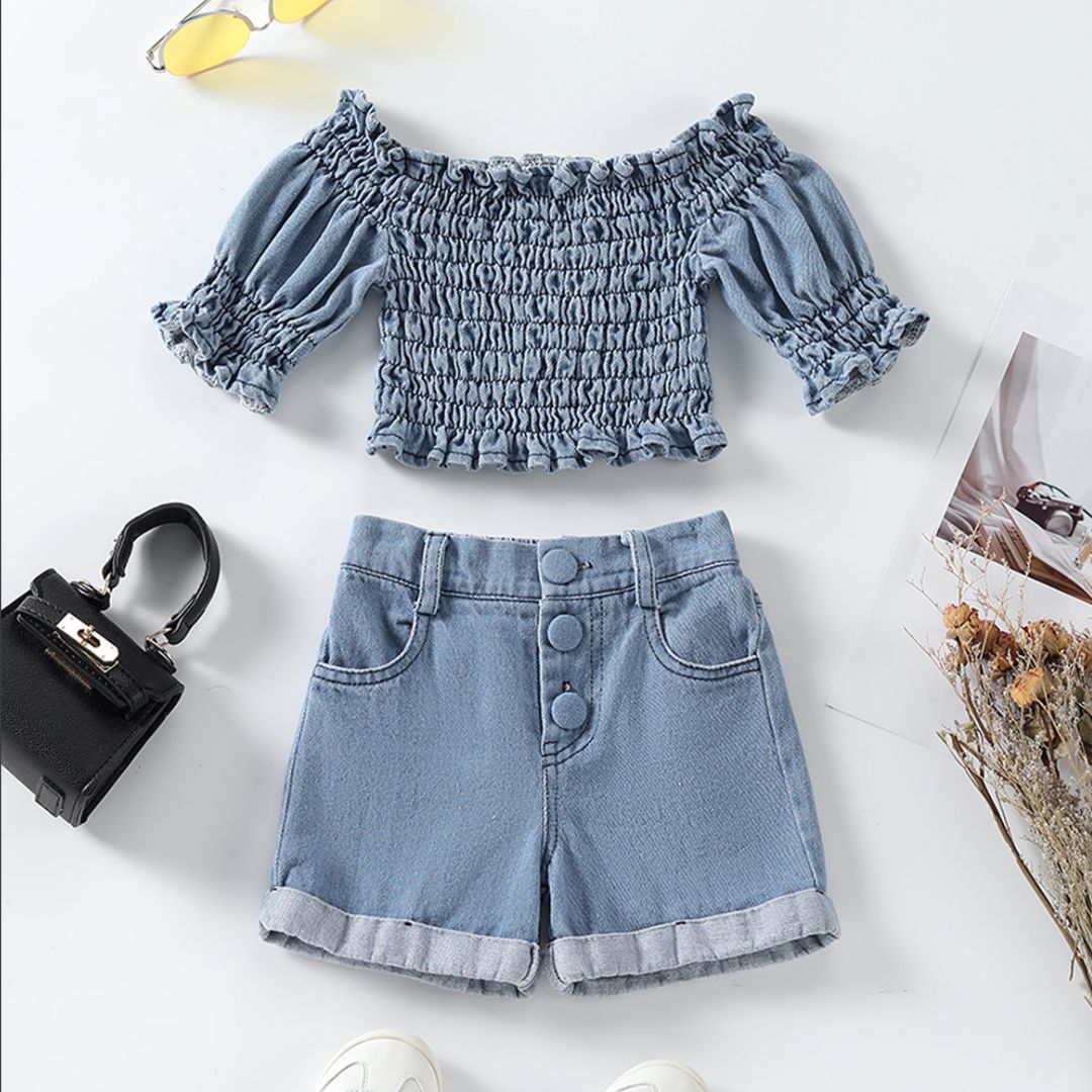 11639 Sky Blue Buttoned Denim Set - A light-blue denim set featuring an off-the-shoulder smocked top and button-front cuffed shorts - Image 1