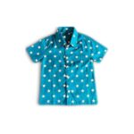 Bright Stars Casual Shirt - A vibrant teal blue short-sleeve button-up shirt covered in a playful white star print