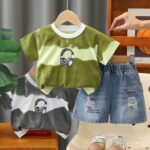 Olive Headphone Denim Set - Olive green and white tie-dye striped headphone-graphic t-shirt paired with ripped denim shorts.